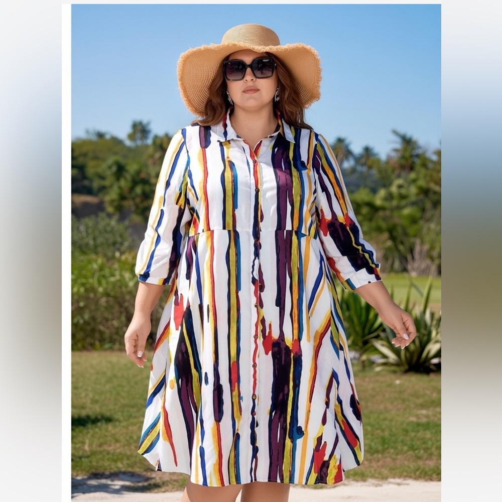 True Destiny Vibrant Abstract Striped Midi Plus size Dress XL